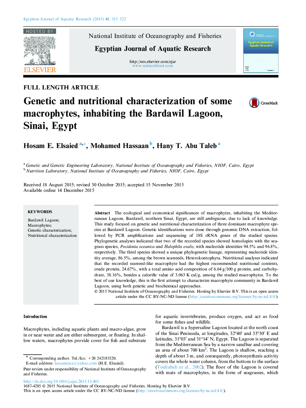 Genetic and nutritional characterization of some macrophytes, inhabiting the Bardawil Lagoon, Sinai, Egypt 