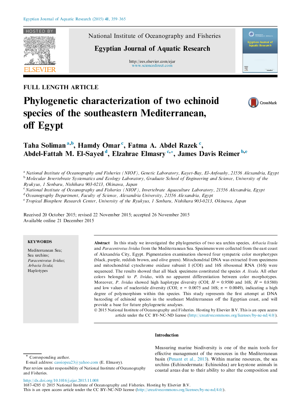 Phylogenetic characterization of two echinoid species of the southeastern Mediterranean, off Egypt 