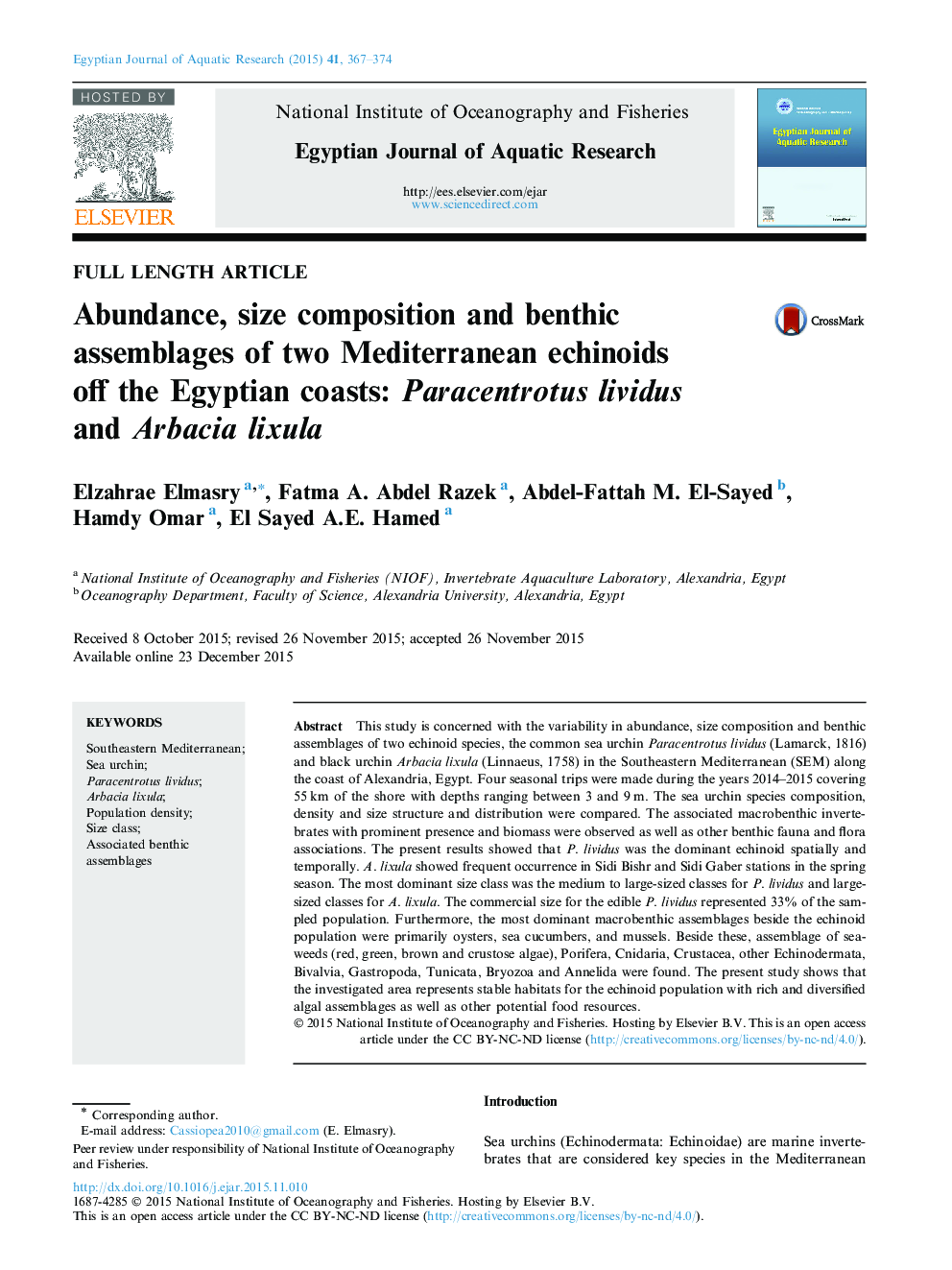 Abundance, size composition and benthic assemblages of two Mediterranean echinoids off the Egyptian coasts: Paracentrotus lividus and Arbacia lixula 