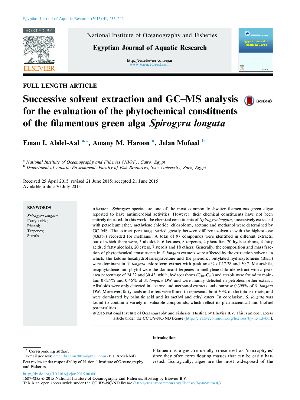 Successive solvent extraction and GC–MS analysis for the evaluation of the phytochemical constituents of the filamentous green alga Spirogyra longata 