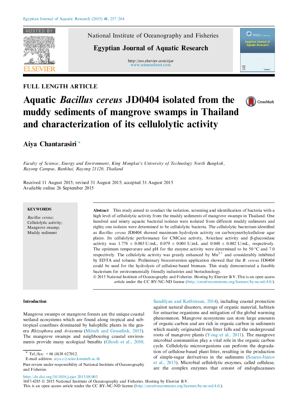 Aquatic Bacillus cereus JD0404 isolated from the muddy sediments of mangrove swamps in Thailand and characterization of its cellulolytic activity 