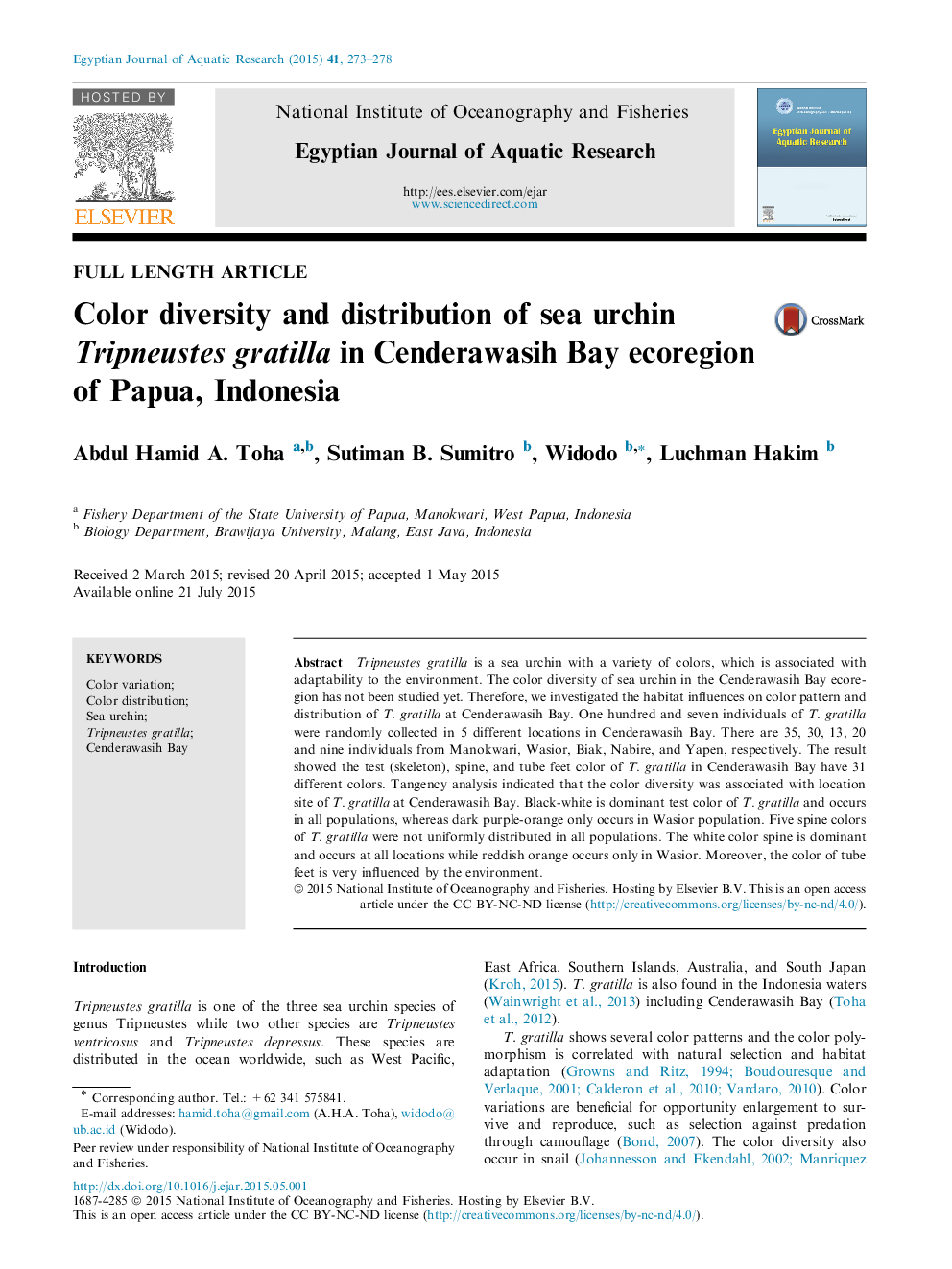 Color diversity and distribution of sea urchin Tripneustes gratilla in Cenderawasih Bay ecoregion of Papua, Indonesia 