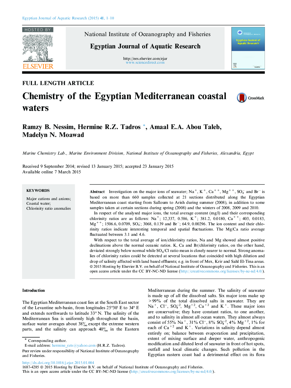 Chemistry of the Egyptian Mediterranean coastal waters 