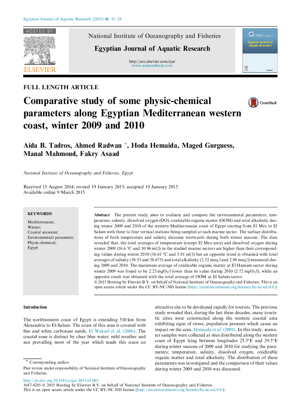 Comparative study of some physic-chemical parameters along Egyptian Mediterranean western coast, winter 2009 and 2010 