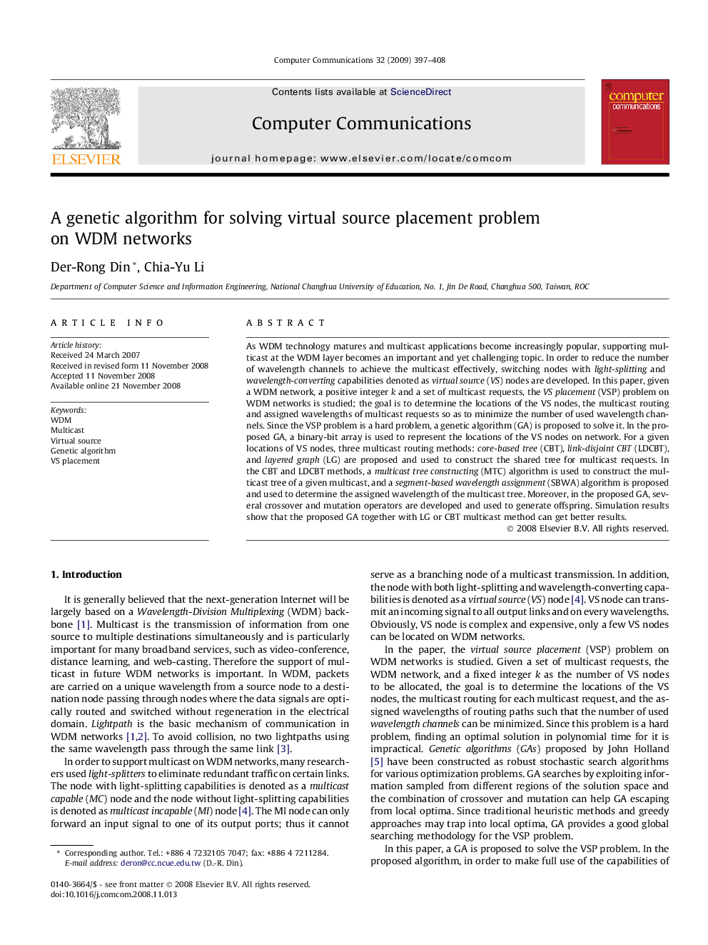 A genetic algorithm for solving virtual source placement problem on WDM networks