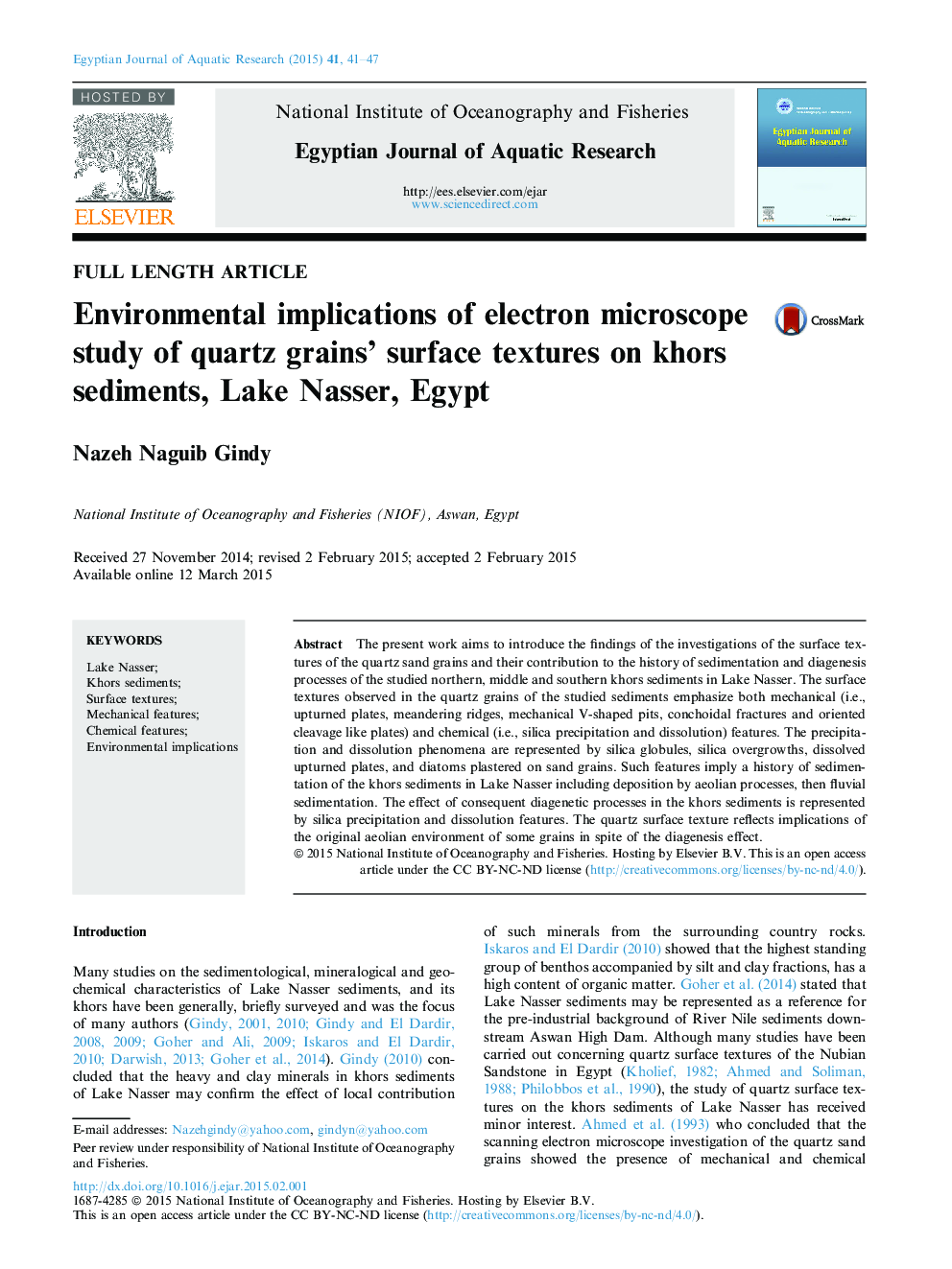 Environmental implications of electron microscope study of quartz grains’ surface textures on khors sediments, Lake Nasser, Egypt 