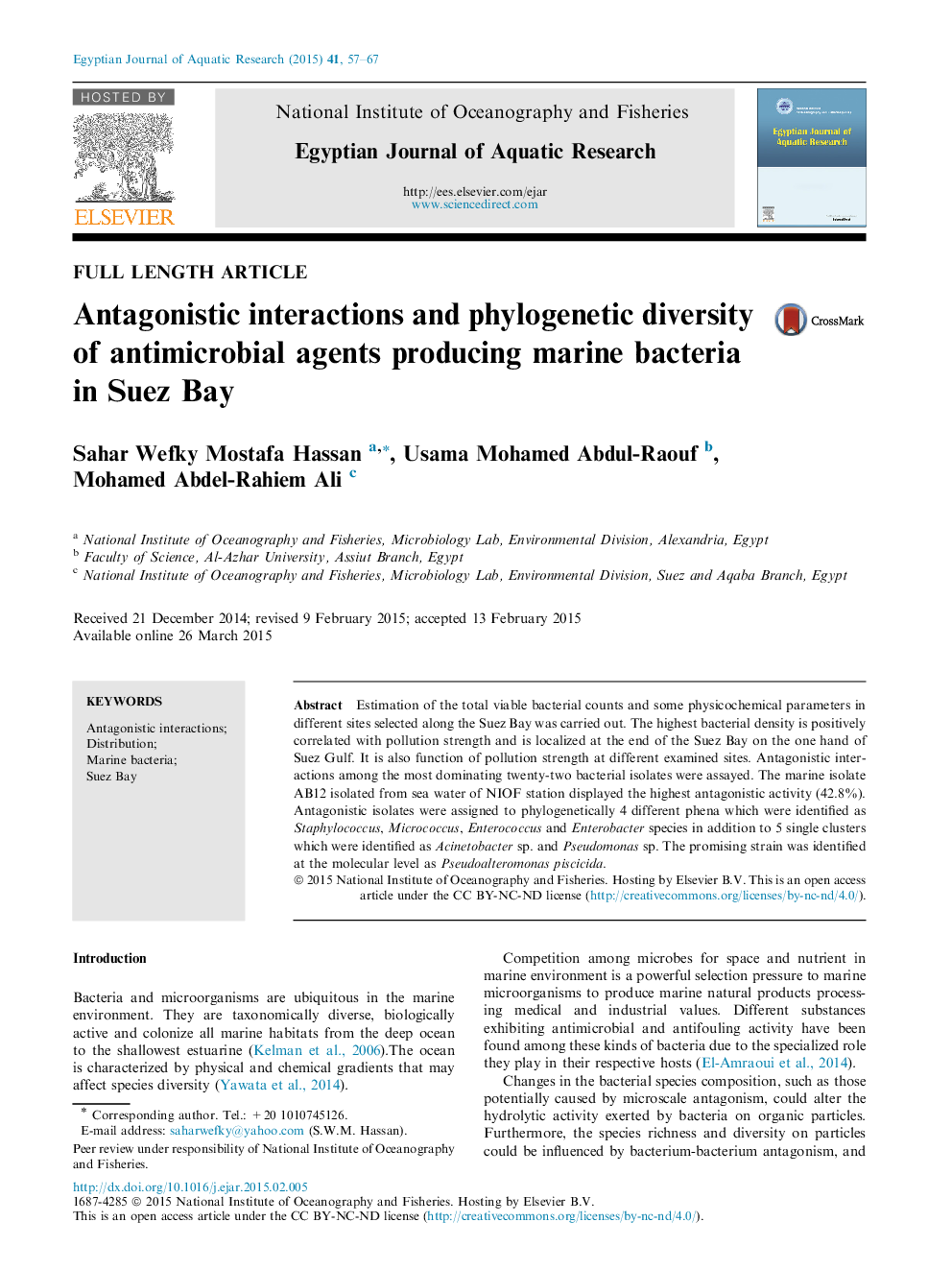 Antagonistic interactions and phylogenetic diversity of antimicrobial agents producing marine bacteria in Suez Bay 