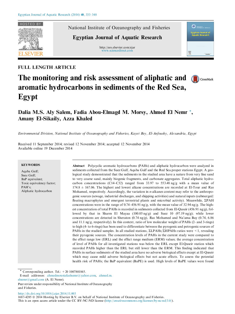 The monitoring and risk assessment of aliphatic and aromatic hydrocarbons in sediments of the Red Sea, Egypt 