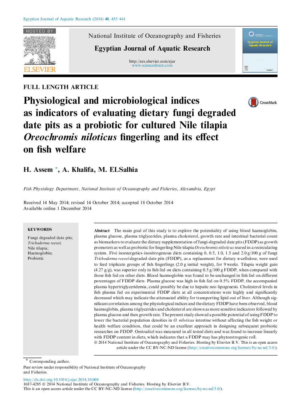 Physiological and microbiological indices as indicators of evaluating dietary fungi degraded date pits as a probiotic for cultured Nile tilapia Oreochromis niloticus fingerling and its effect on fish welfare 