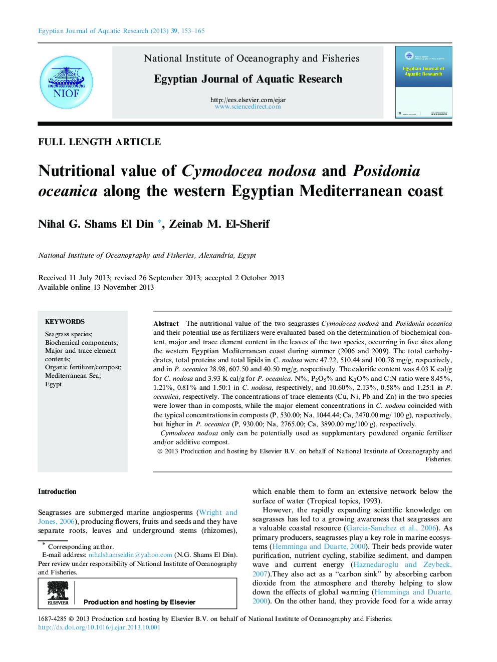 Nutritional value of Cymodocea nodosa and Posidonia oceanica along the western Egyptian Mediterranean coast 