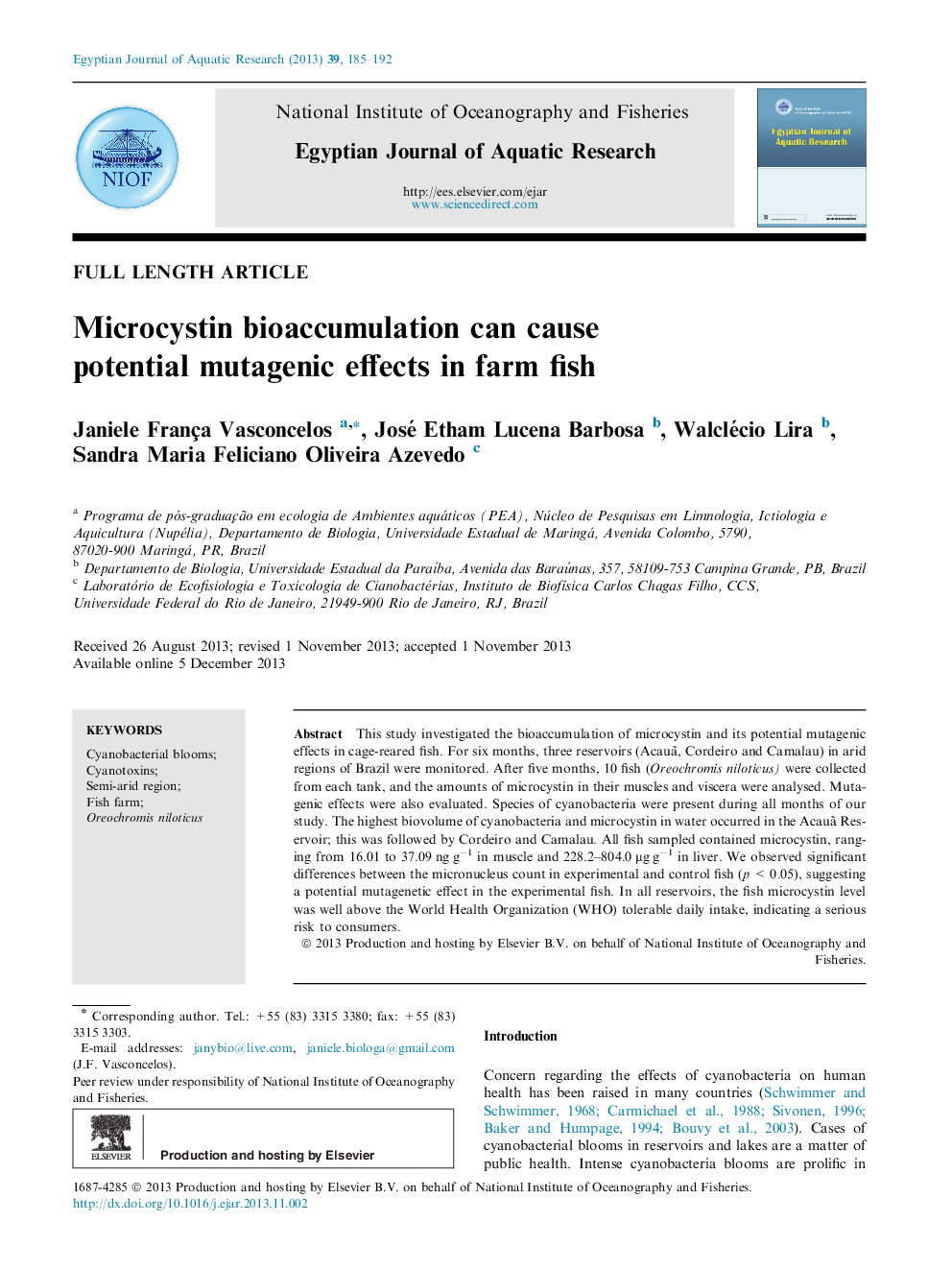 Microcystin bioaccumulation can cause potential mutagenic effects in farm fish 