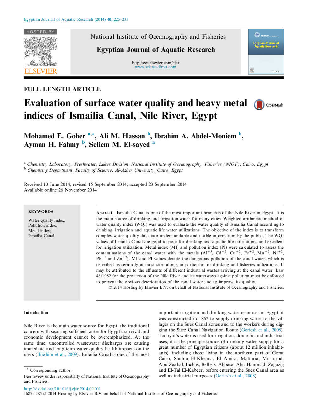 Evaluation of surface water quality and heavy metal indices of Ismailia Canal, Nile River, Egypt 