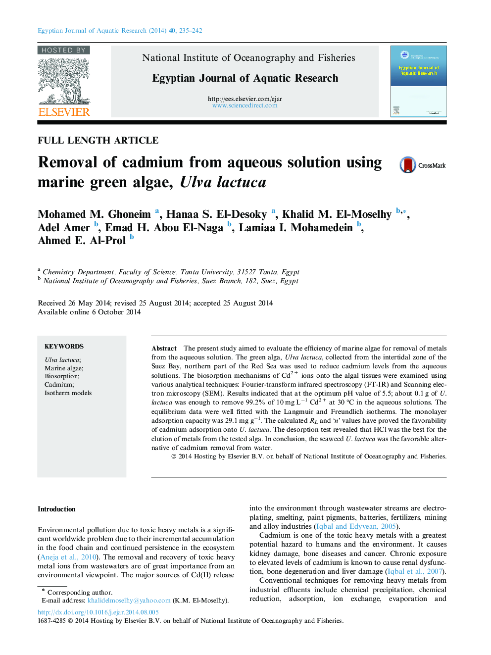 Removal of cadmium from aqueous solution using marine green algae, Ulva lactuca