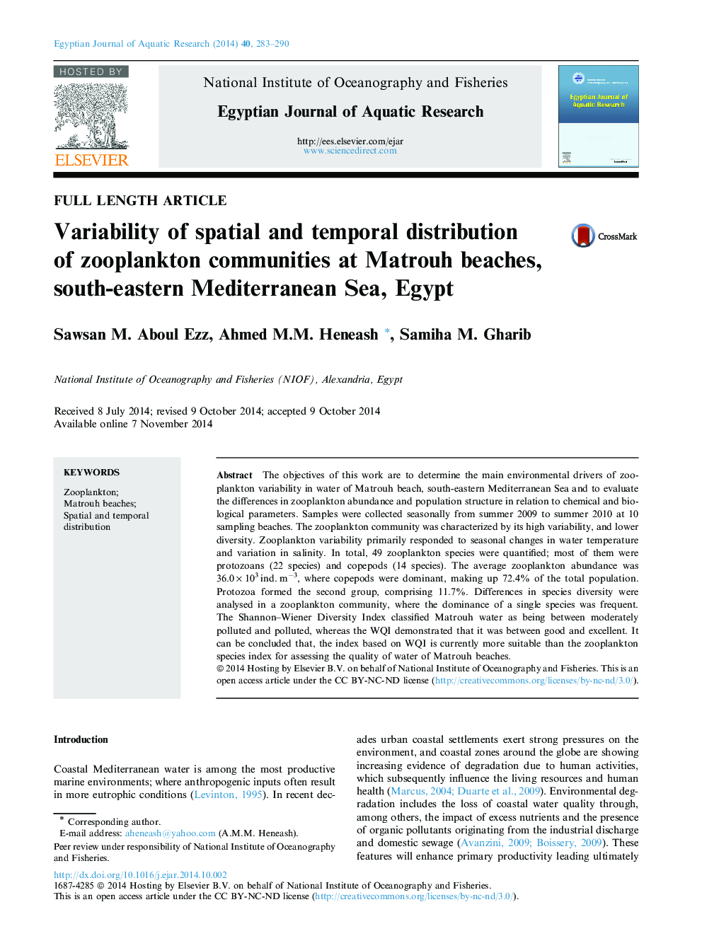 Variability of spatial and temporal distribution of zooplankton communities at Matrouh beaches, south-eastern Mediterranean Sea, Egypt 