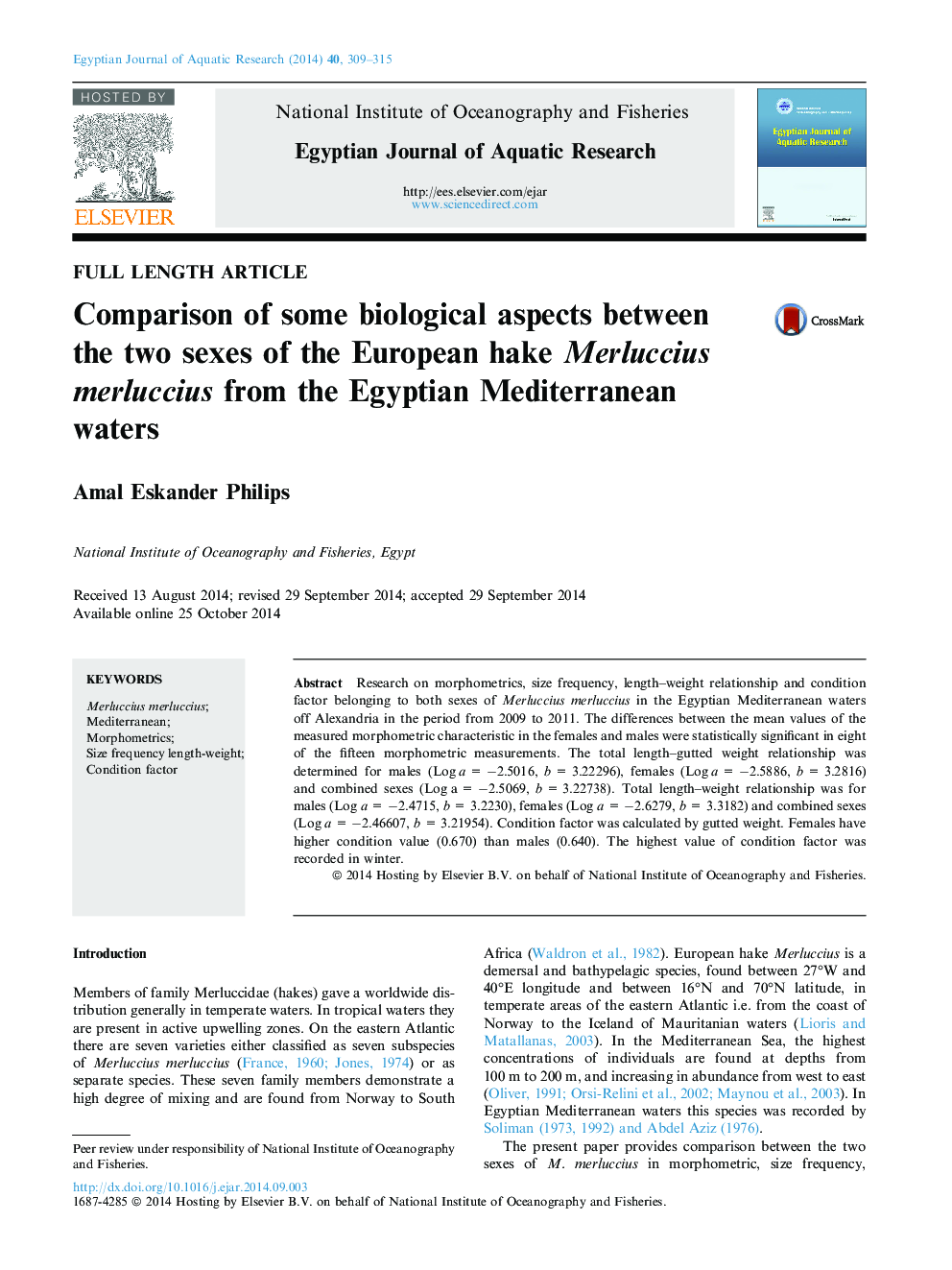 Comparison of some biological aspects between the two sexes of the European hake Merluccius merluccius from the Egyptian Mediterranean waters 