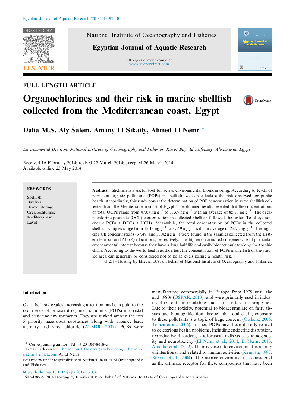 Organochlorines and their risk in marine shellfish collected from the Mediterranean coast, Egypt 