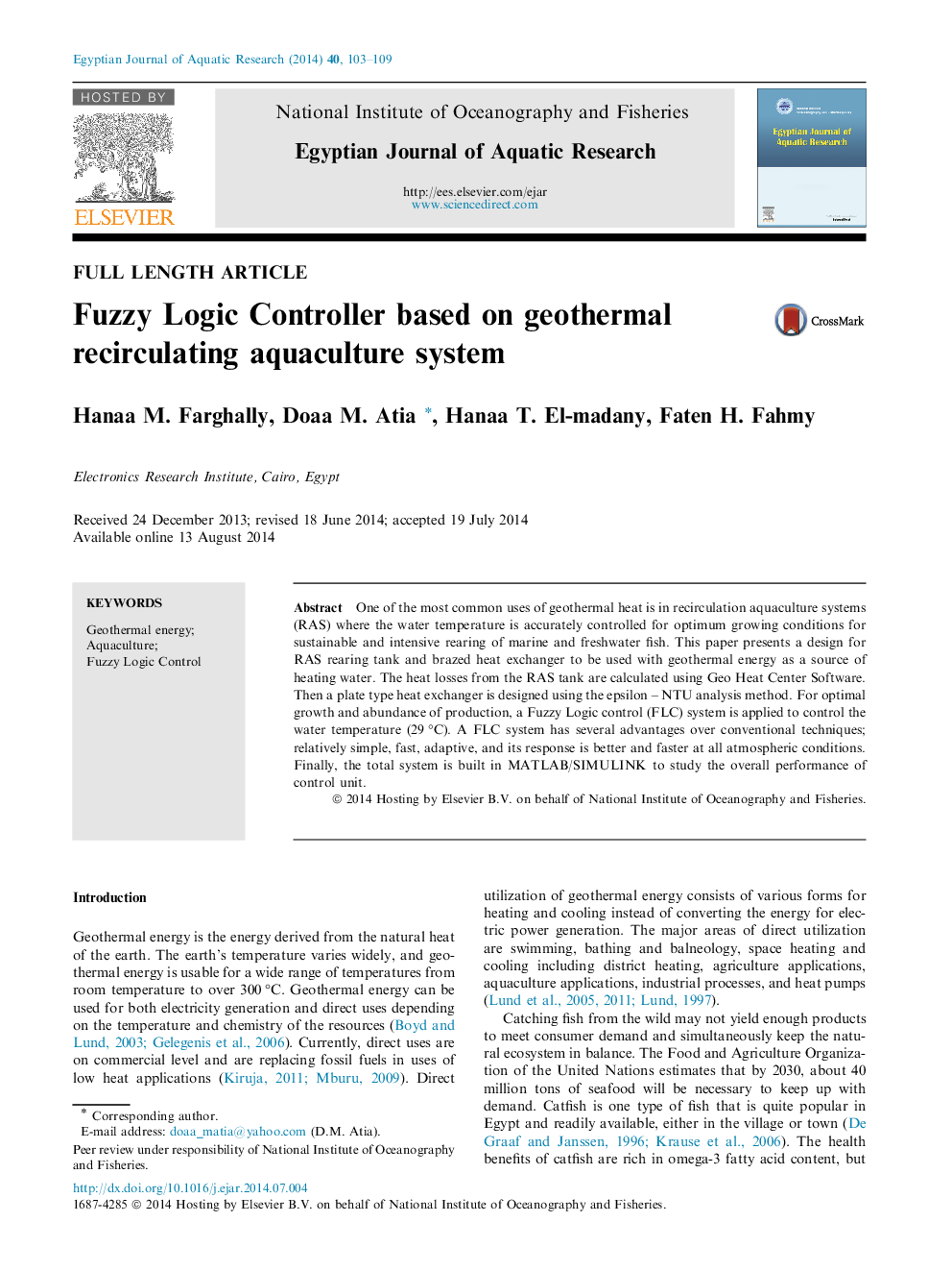 Fuzzy Logic Controller based on geothermal recirculating aquaculture system 