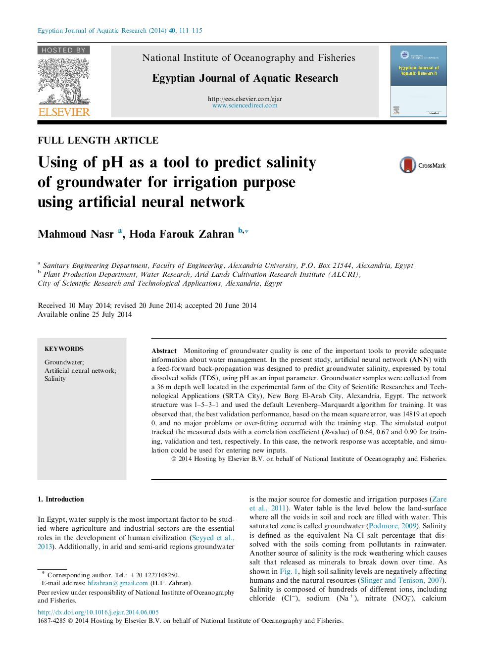 Using of pH as a tool to predict salinity of groundwater for irrigation purpose using artificial neural network 