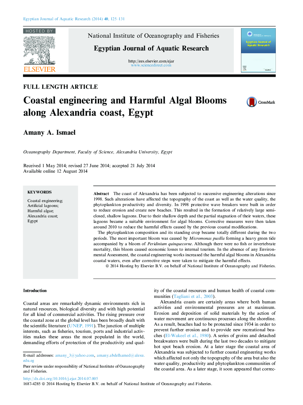 Coastal engineering and Harmful Algal Blooms along Alexandria coast, Egypt 