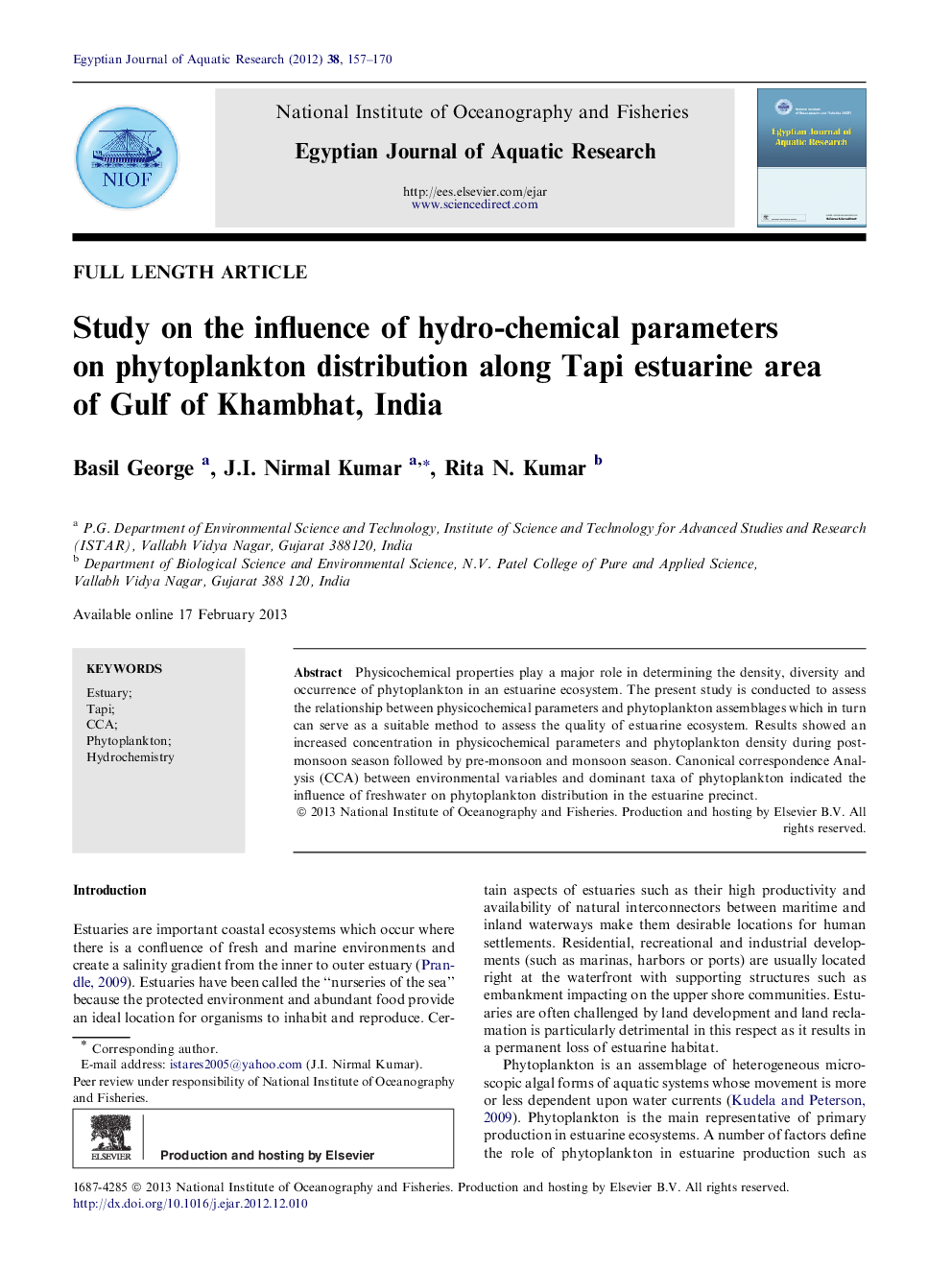 Study on the influence of hydro-chemical parameters on phytoplankton distribution along Tapi estuarine area of Gulf of Khambhat, India 