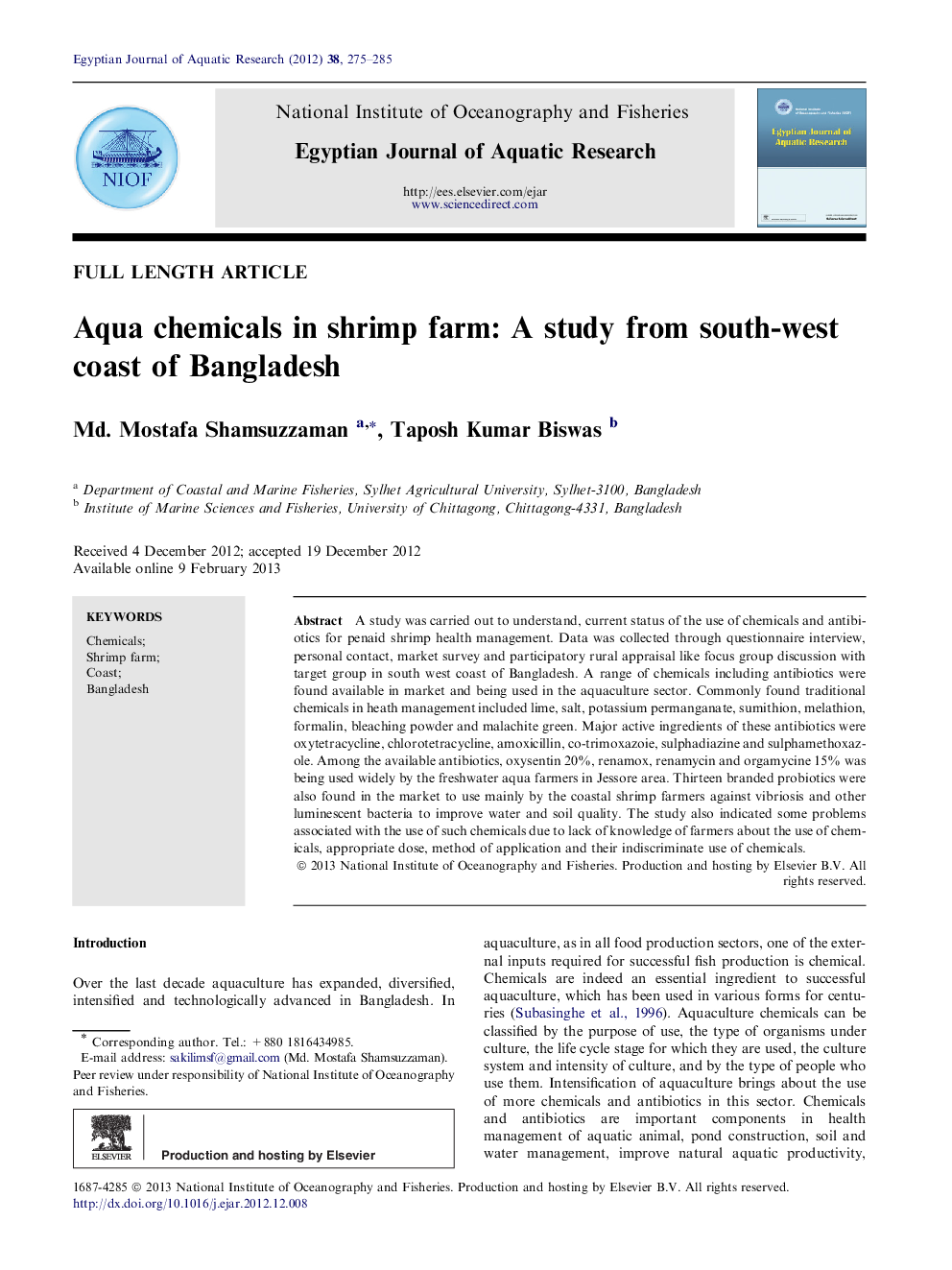 Aqua chemicals in shrimp farm: A study from south-west coast of Bangladesh 