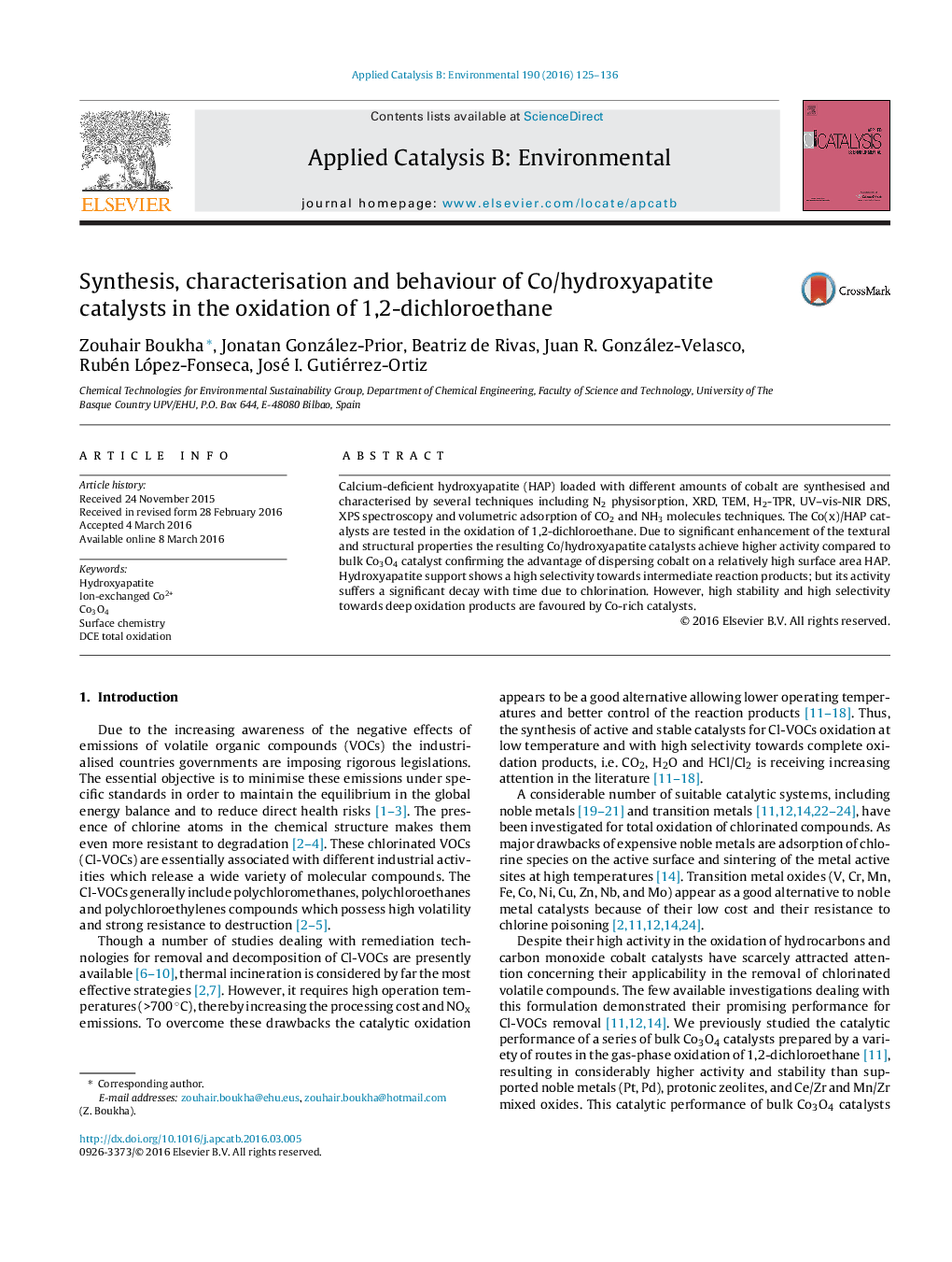 عکس صفحه اول مقاله: Synthesis, characterisation and behaviour of Co/hydroxyapatite catalysts in the oxidation of 1,2-dichloroethane Synthesis, characterisation and behaviour of Co/hydroxyapatite catalysts in the oxidation of 1,2-dichloroethane