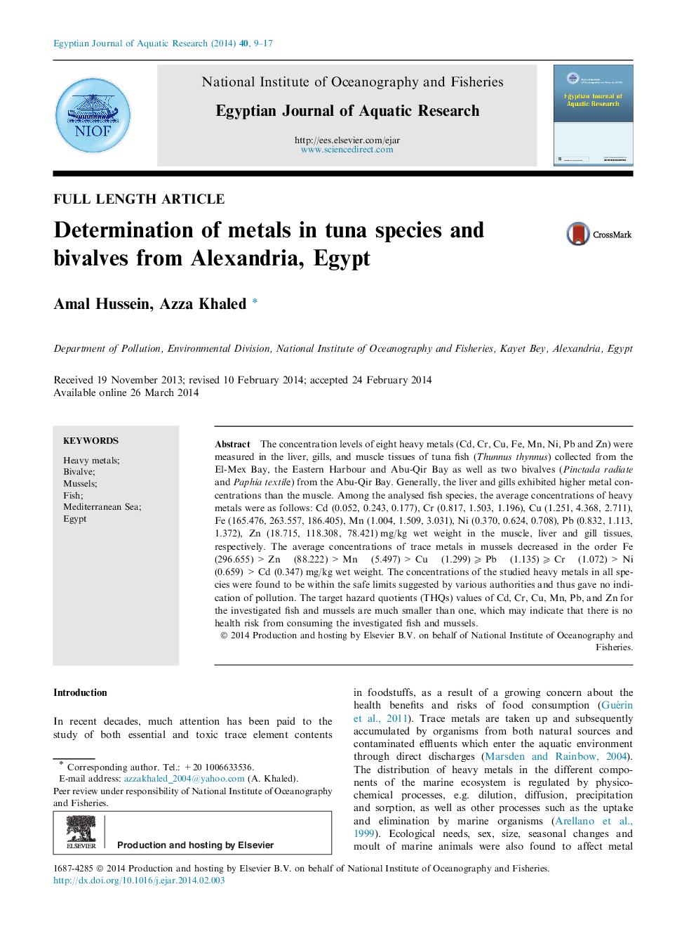 Determination of metals in tuna species and bivalves from Alexandria, Egypt 