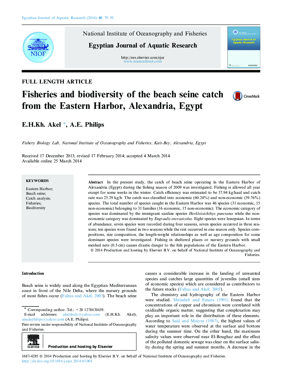 Fisheries and biodiversity of the beach seine catch from the Eastern Harbor, Alexandria, Egypt 