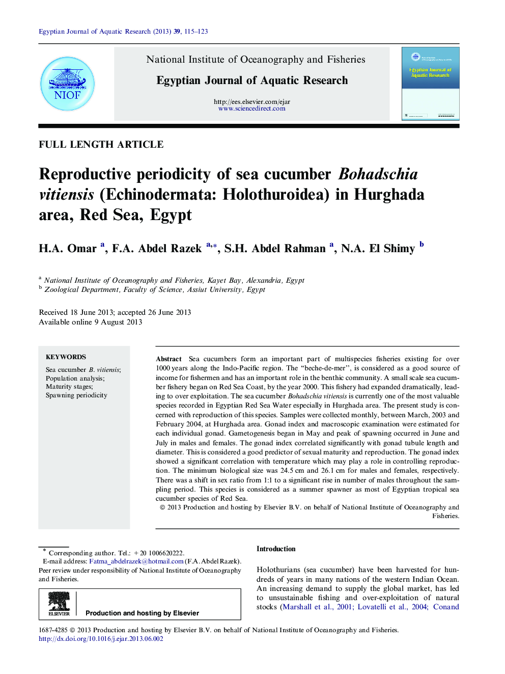 Reproductive periodicity of sea cucumber Bohadschia vitiensis (Echinodermata: Holothuroidea) in Hurghada area, Red Sea, Egypt 