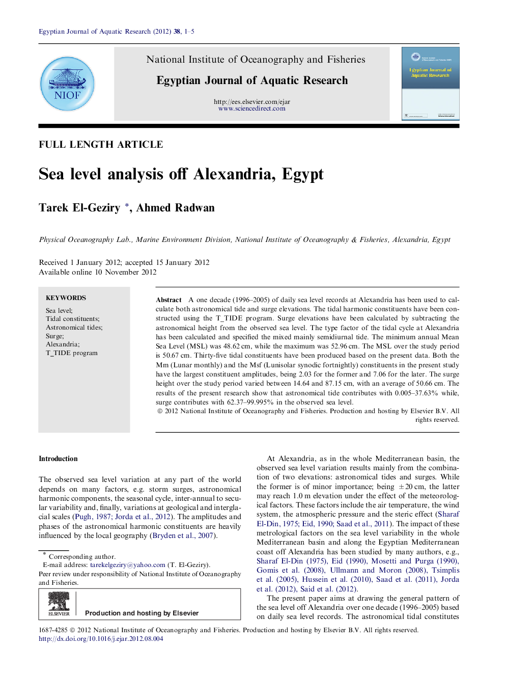 Sea level analysis off Alexandria, Egypt 