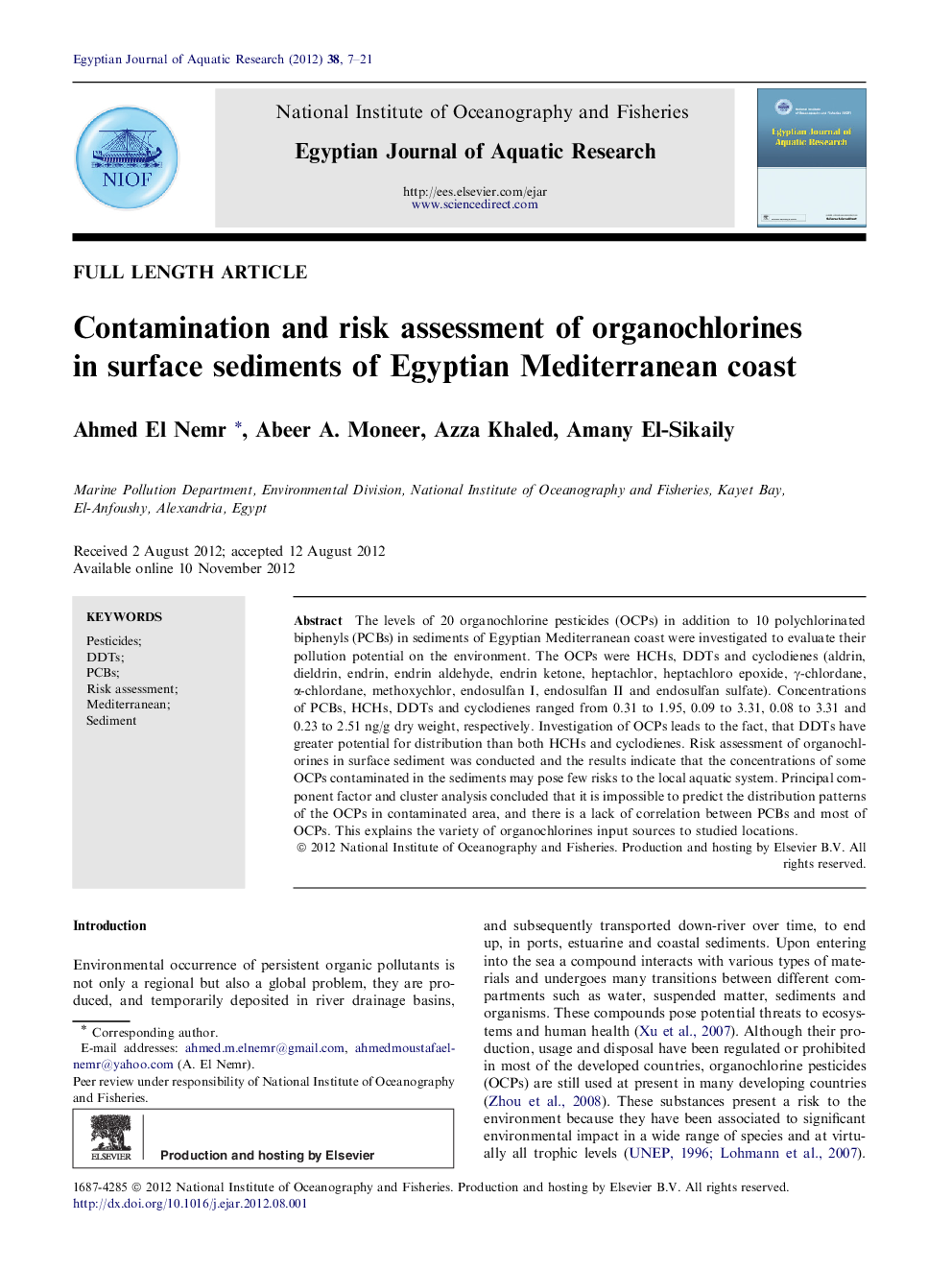 Contamination and risk assessment of organochlorines in surface sediments of Egyptian Mediterranean coast 