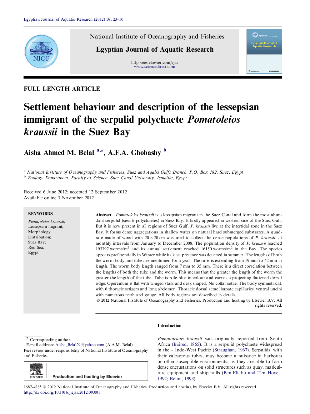 Settlement behaviour and description of the lessepsian immigrant of the serpulid polychaete Pomatoleios kraussii in the Suez Bay 