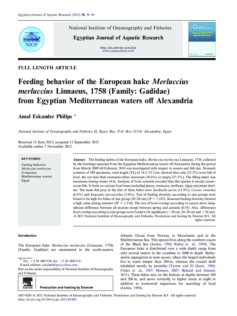 Feeding behavior of the European hake Merluccius merluccius Linnaeus, 1758 (Family: Gadidae) from Egyptian Mediterranean waters off Alexandria 