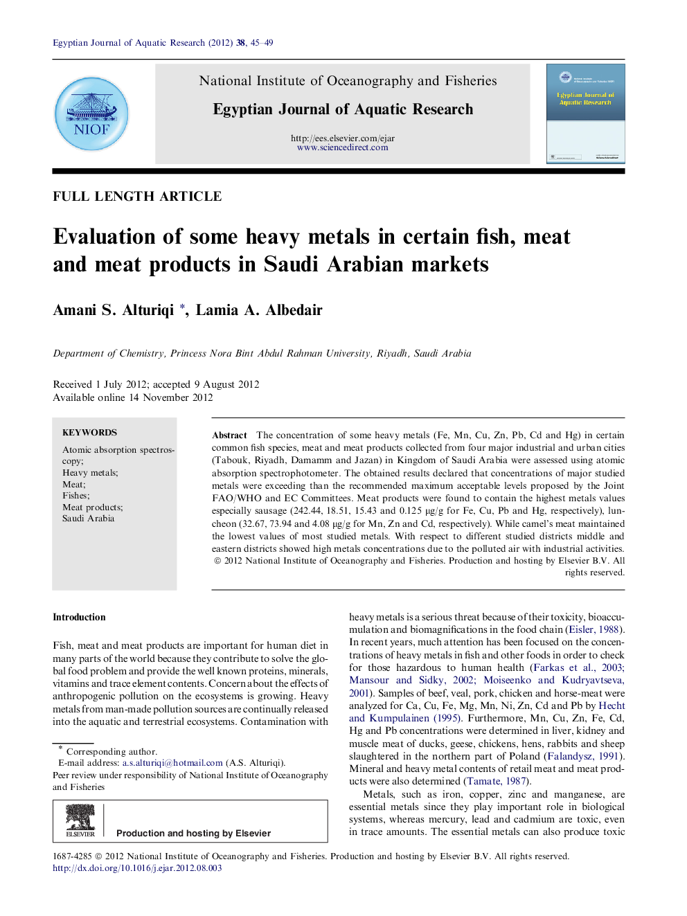 Evaluation of some heavy metals in certain fish, meat and meat products in Saudi Arabian markets 