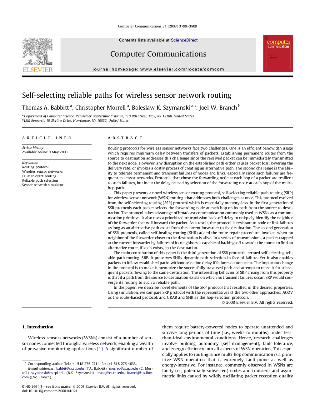 Self-selecting reliable paths for wireless sensor network routing