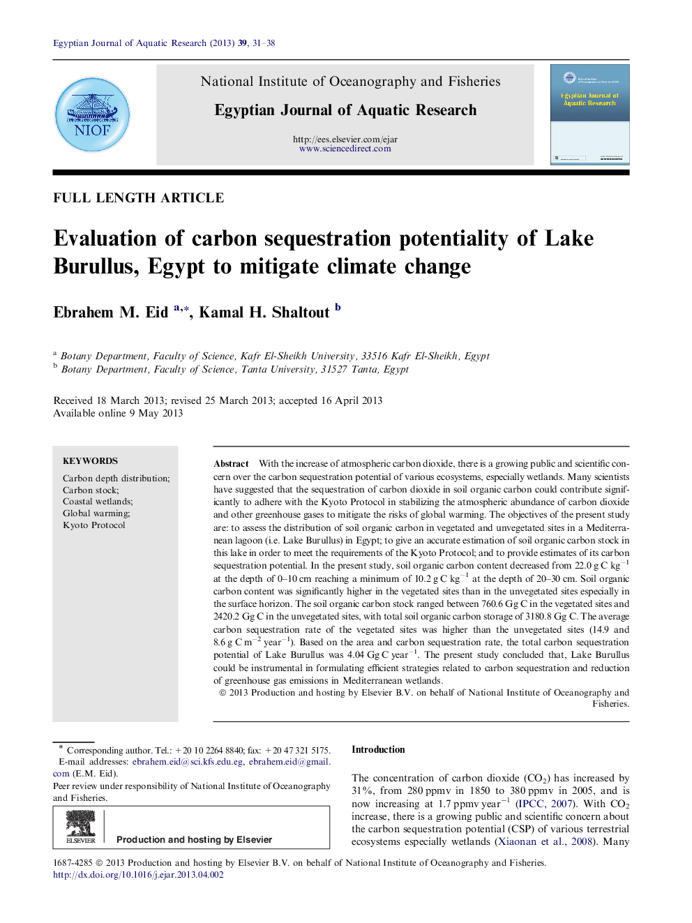 Evaluation of carbon sequestration potentiality of Lake Burullus, Egypt to mitigate climate change 