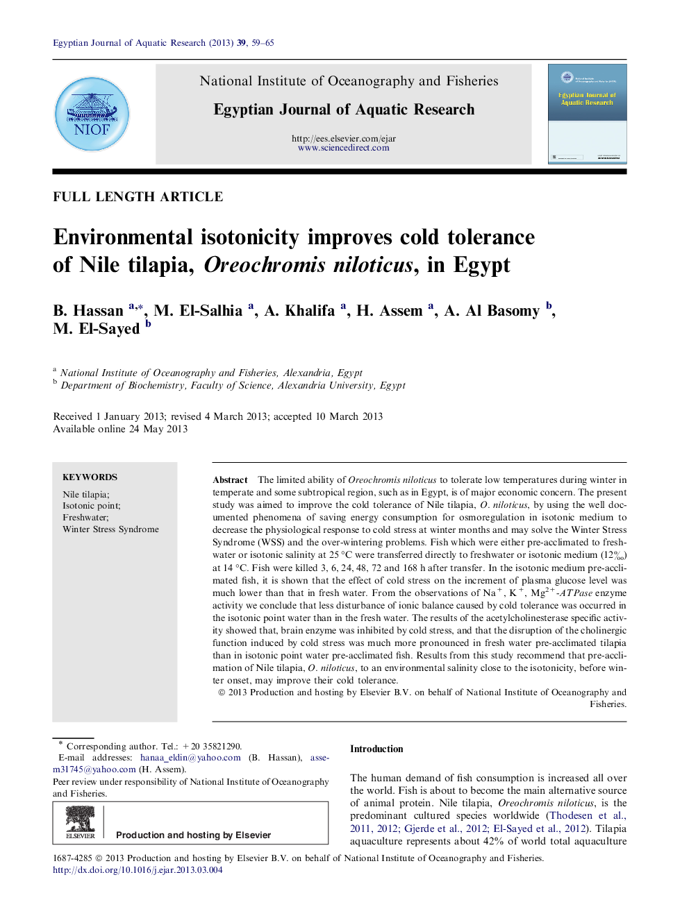 Environmental isotonicity improves cold tolerance of Nile tilapia, Oreochromis niloticus, in Egypt 