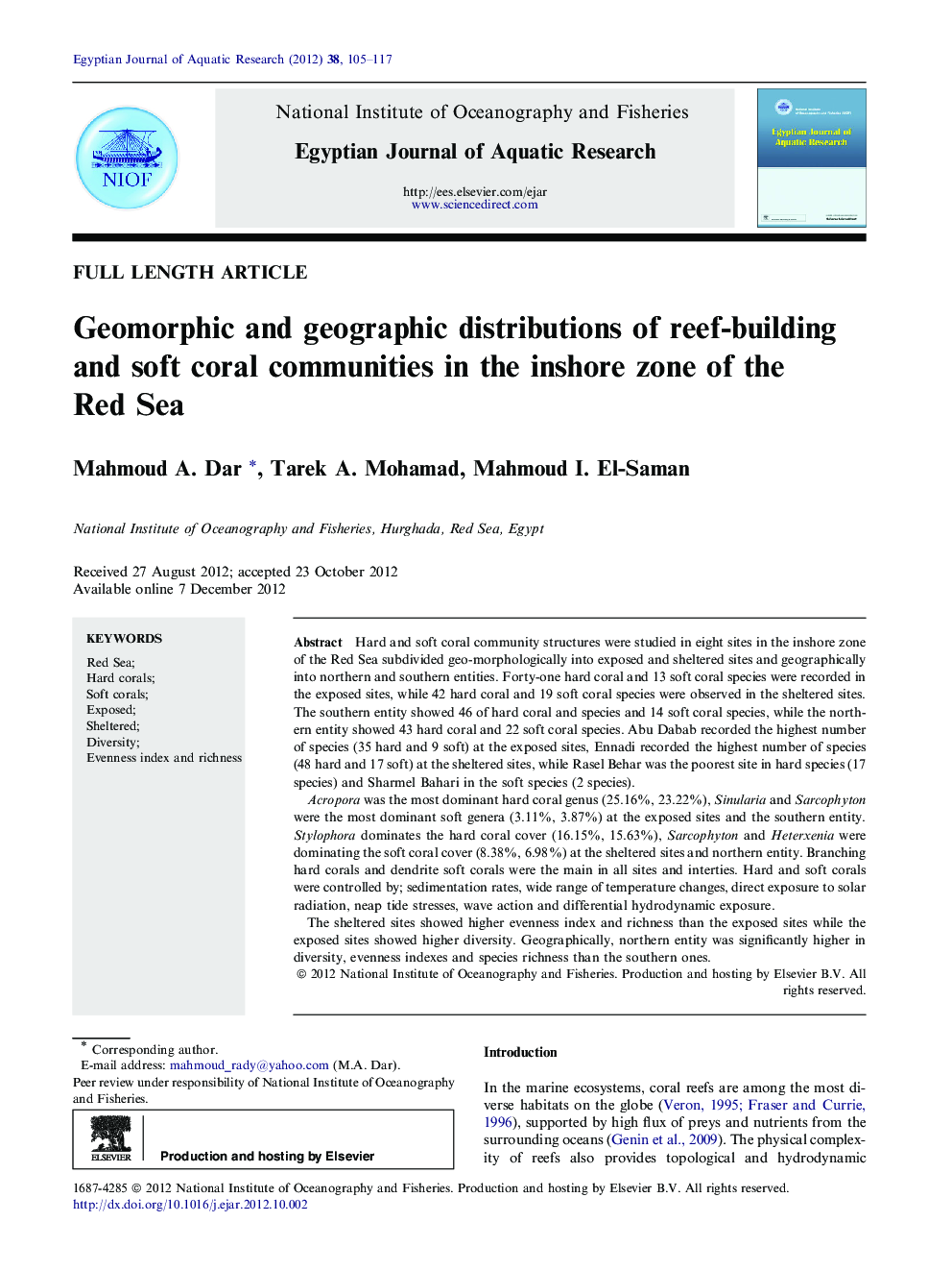 Geomorphic and geographic distributions of reef-building and soft coral communities in the inshore zone of the Red Sea 