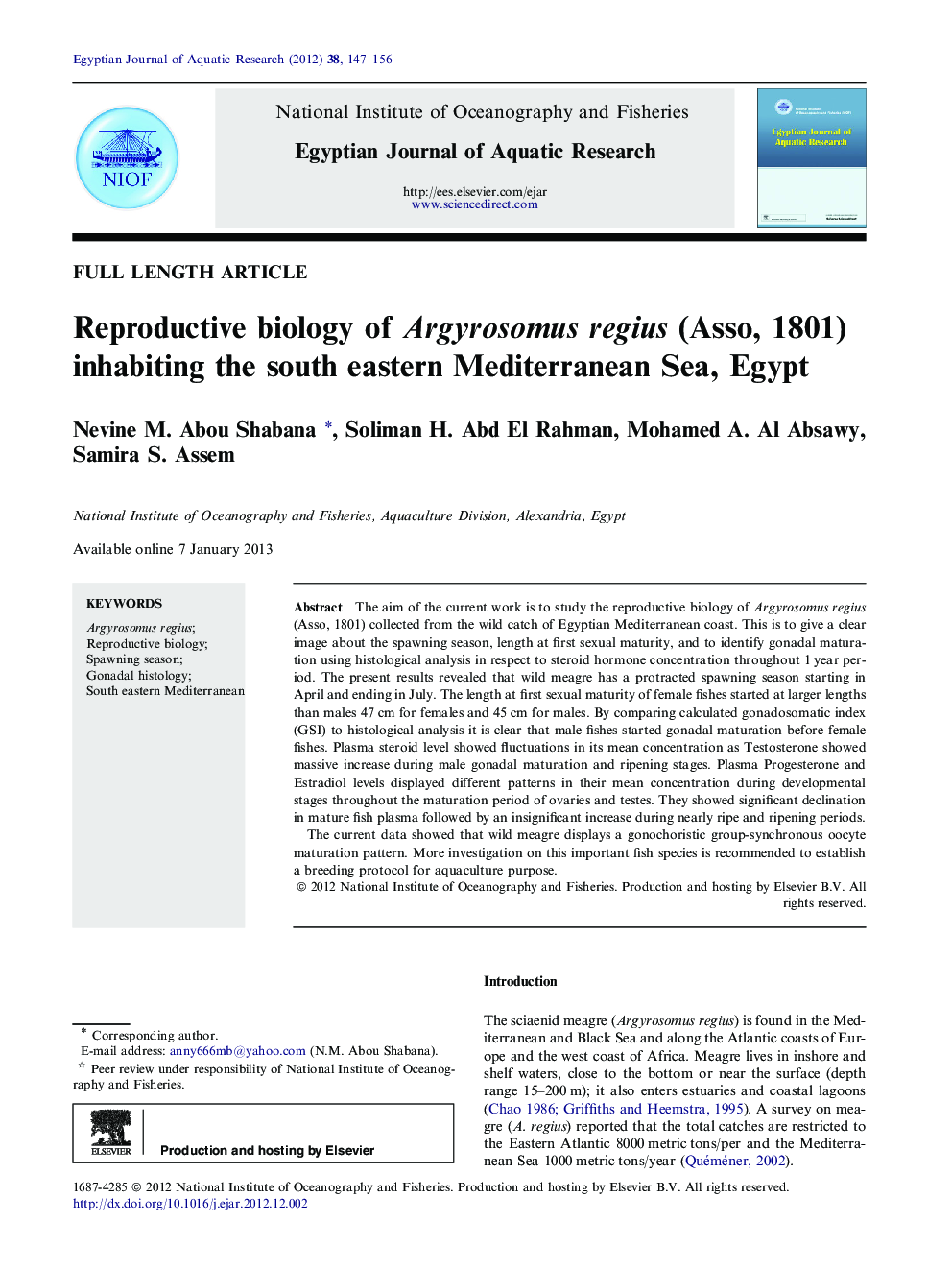 Reproductive biology of Argyrosomus regius (Asso, 1801) inhabiting the south eastern Mediterranean Sea, Egypt 