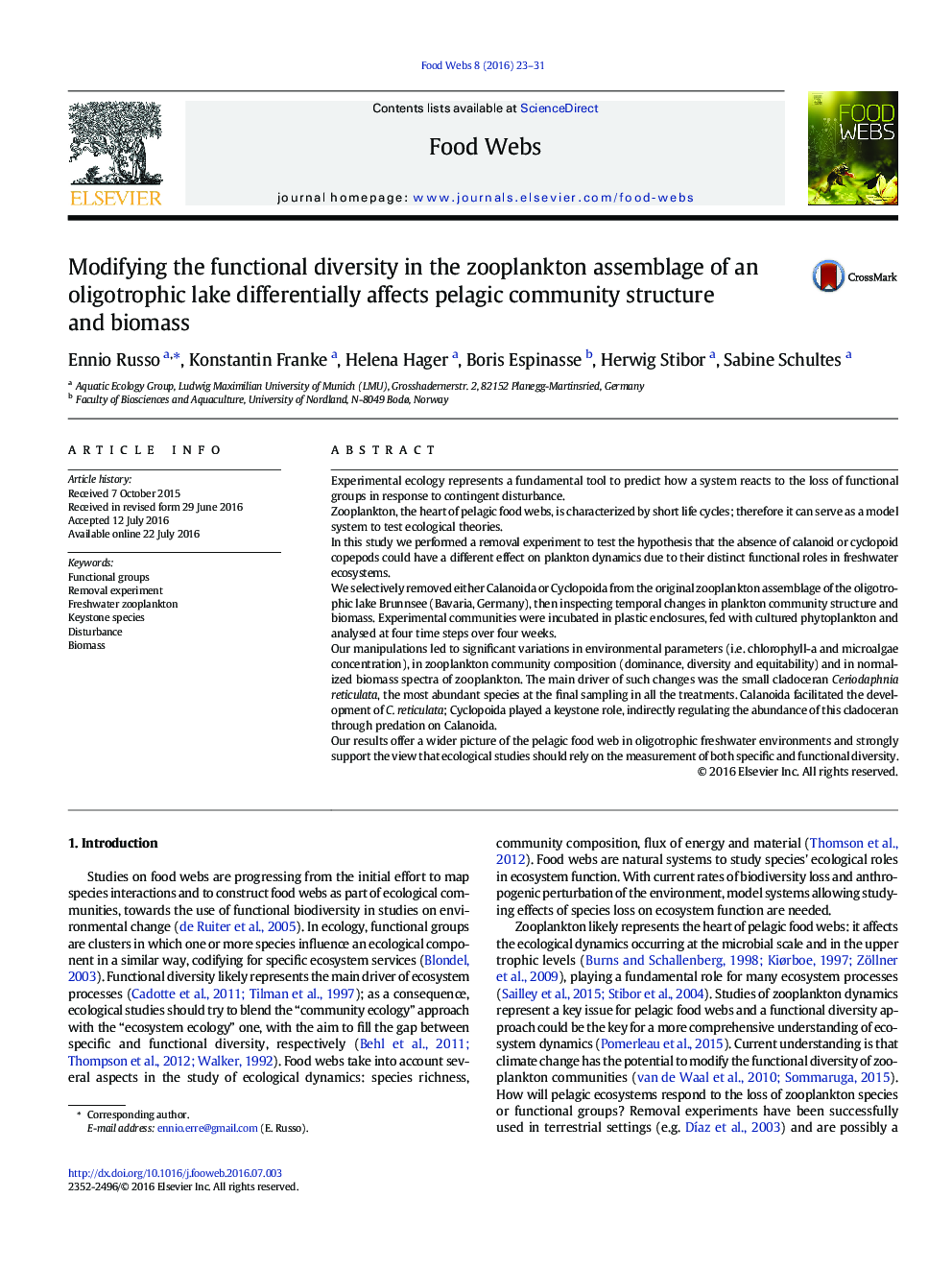 Modifying the functional diversity in the zooplankton assemblage of an oligotrophic lake differentially affects pelagic community structure and biomass