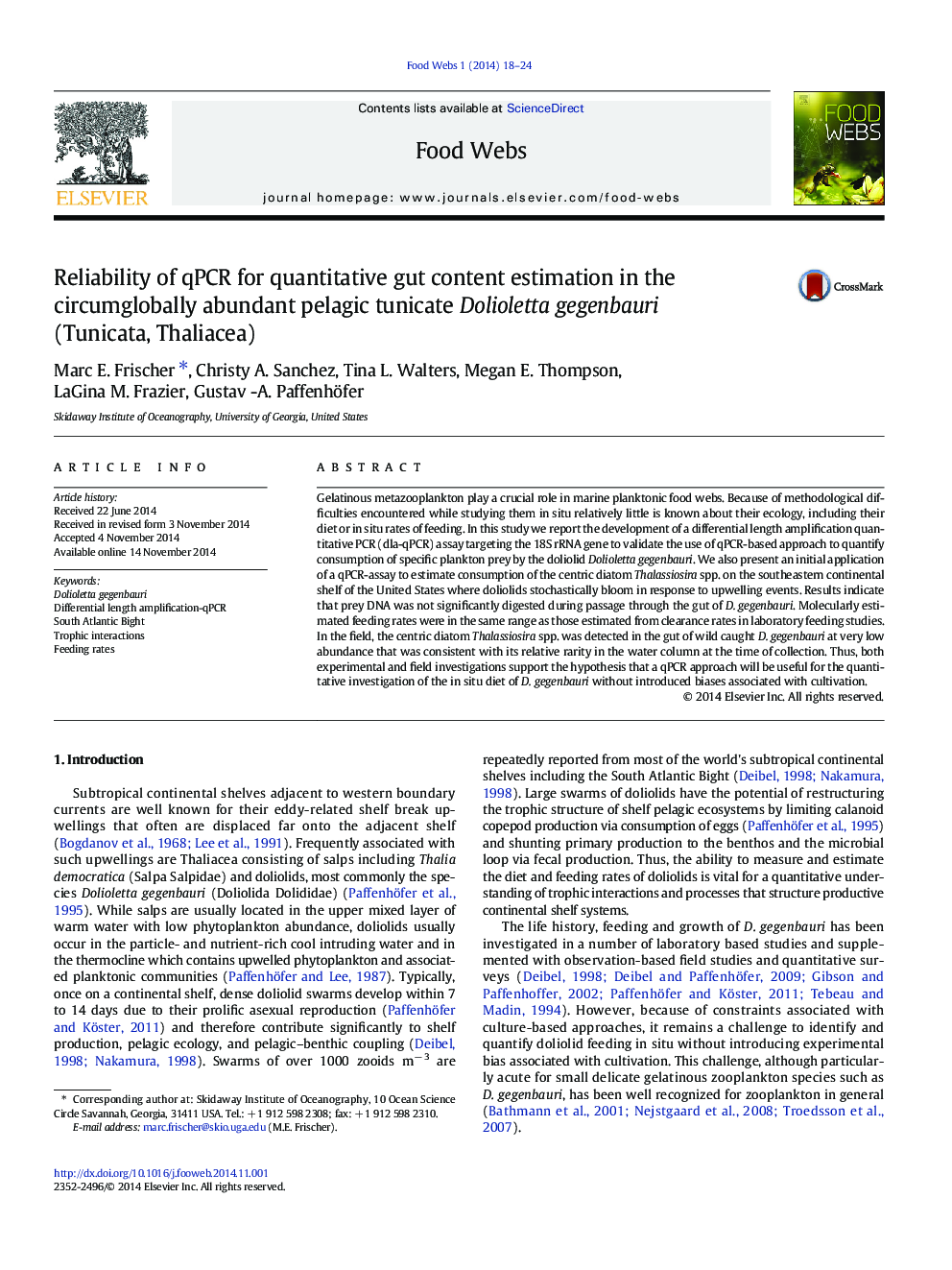 Reliability of qPCR for quantitative gut content estimation in the circumglobally abundant pelagic tunicate Dolioletta gegenbauri (Tunicata, Thaliacea)