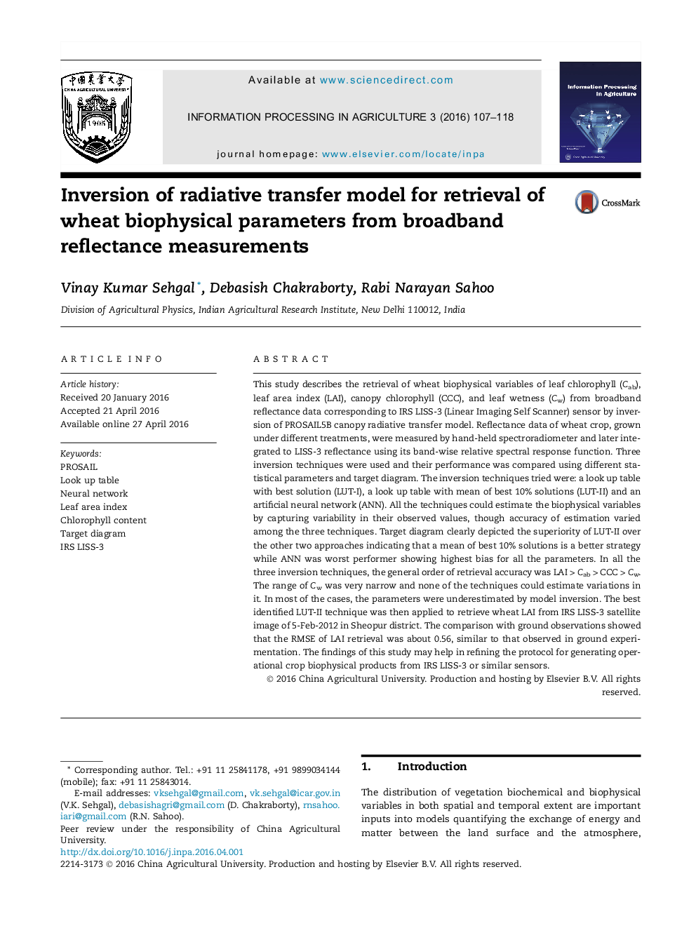 تبدیل مدل انتقال شعاعی برای بازیابی پارامترهای بیوفیزیکی گندم از اندازه گیری های بازتابی پهنای باند 