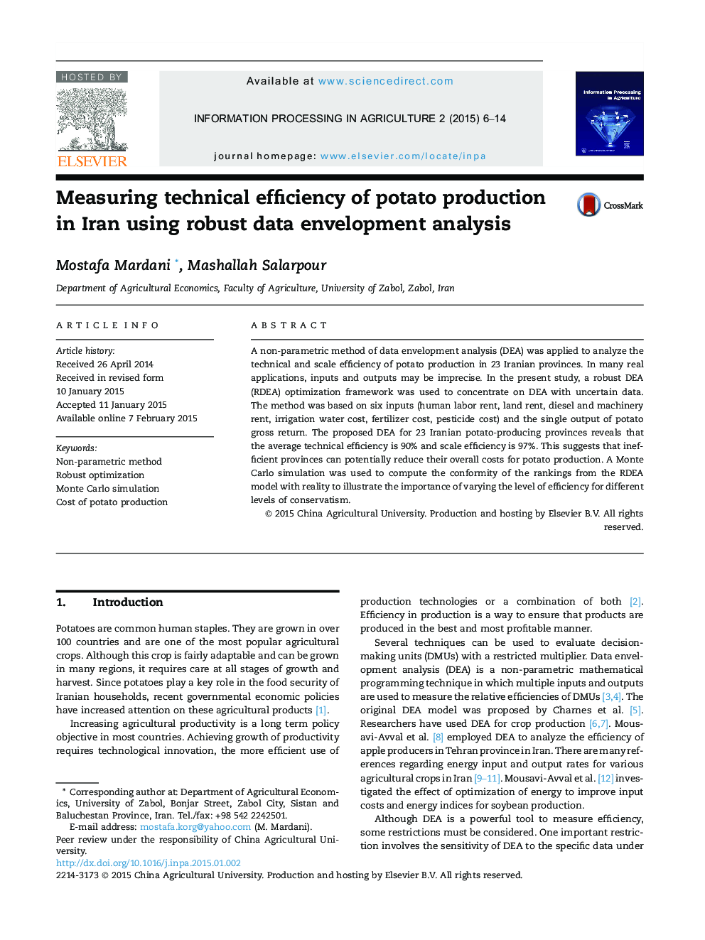 Measuring technical efficiency of potato production in Iran using robust data envelopment analysis 