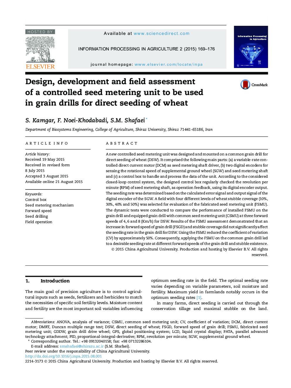 Design, development and field assessment of a controlled seed metering unit to be used in grain drills for direct seeding of wheat 
