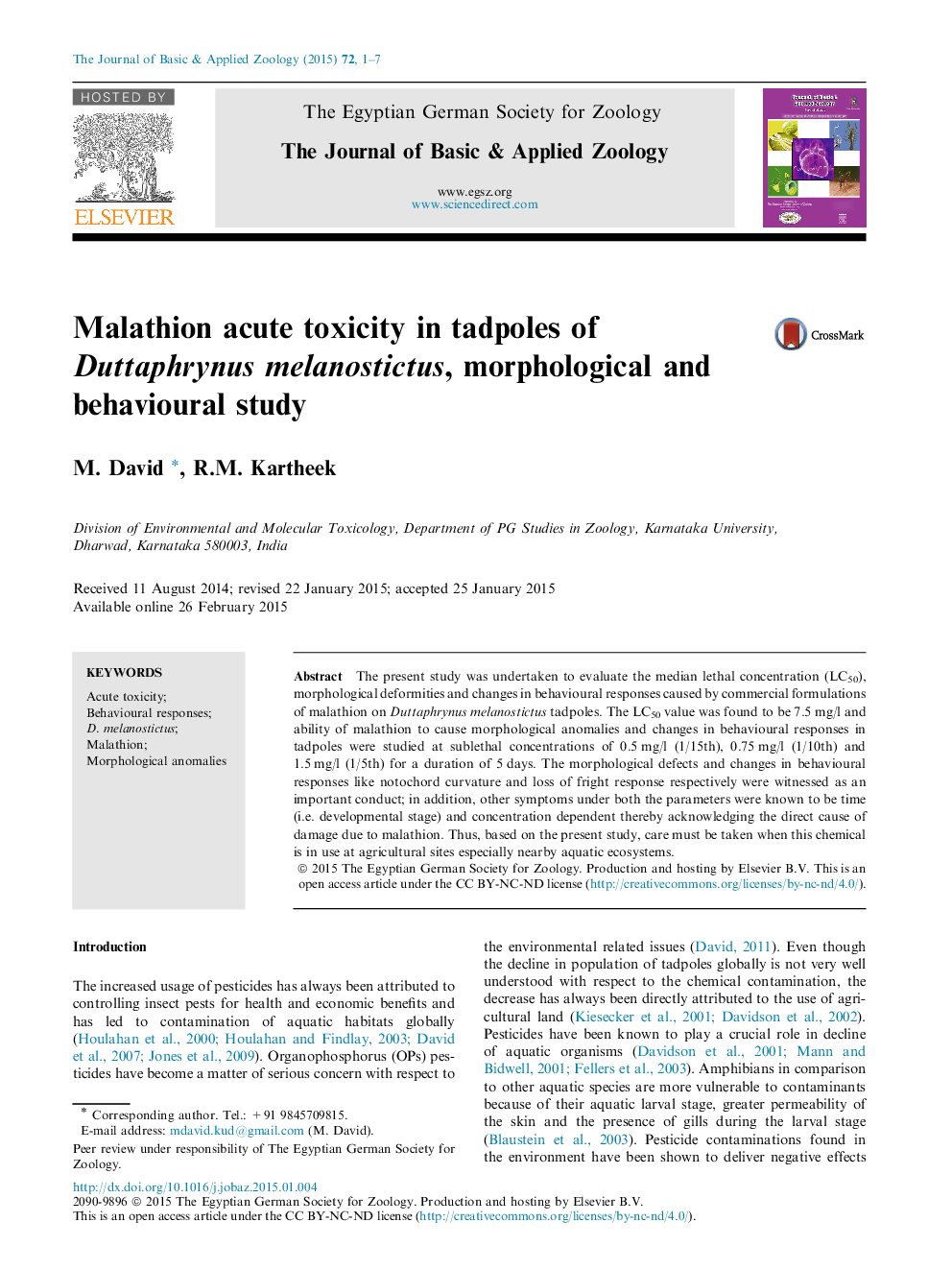 Malathion acute toxicity in tadpoles of Duttaphrynus melanostictus, morphological and behavioural study 