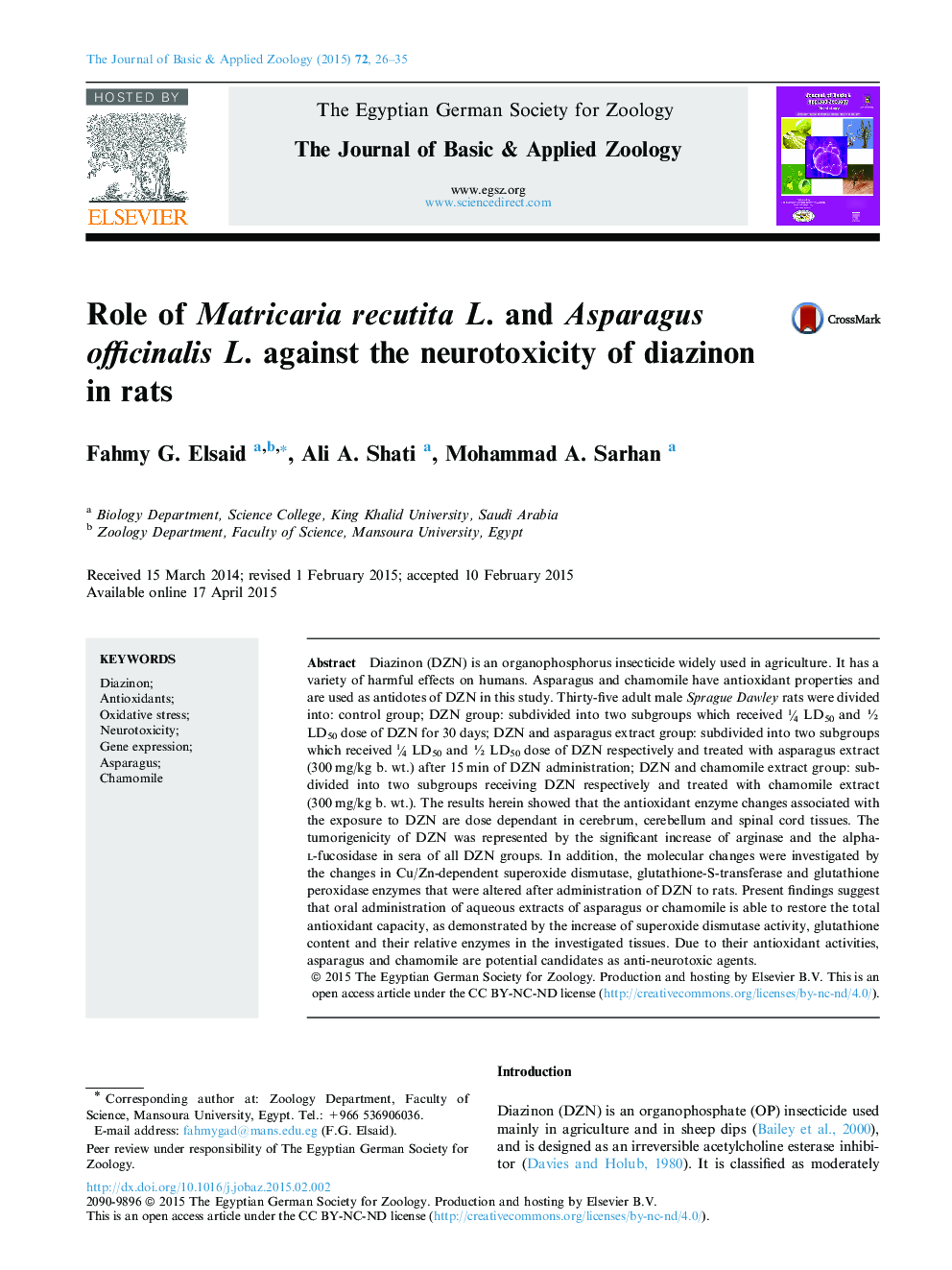 Role of Matricaria recutita L. and Asparagus officinalis L. against the neurotoxicity of diazinon in rats 