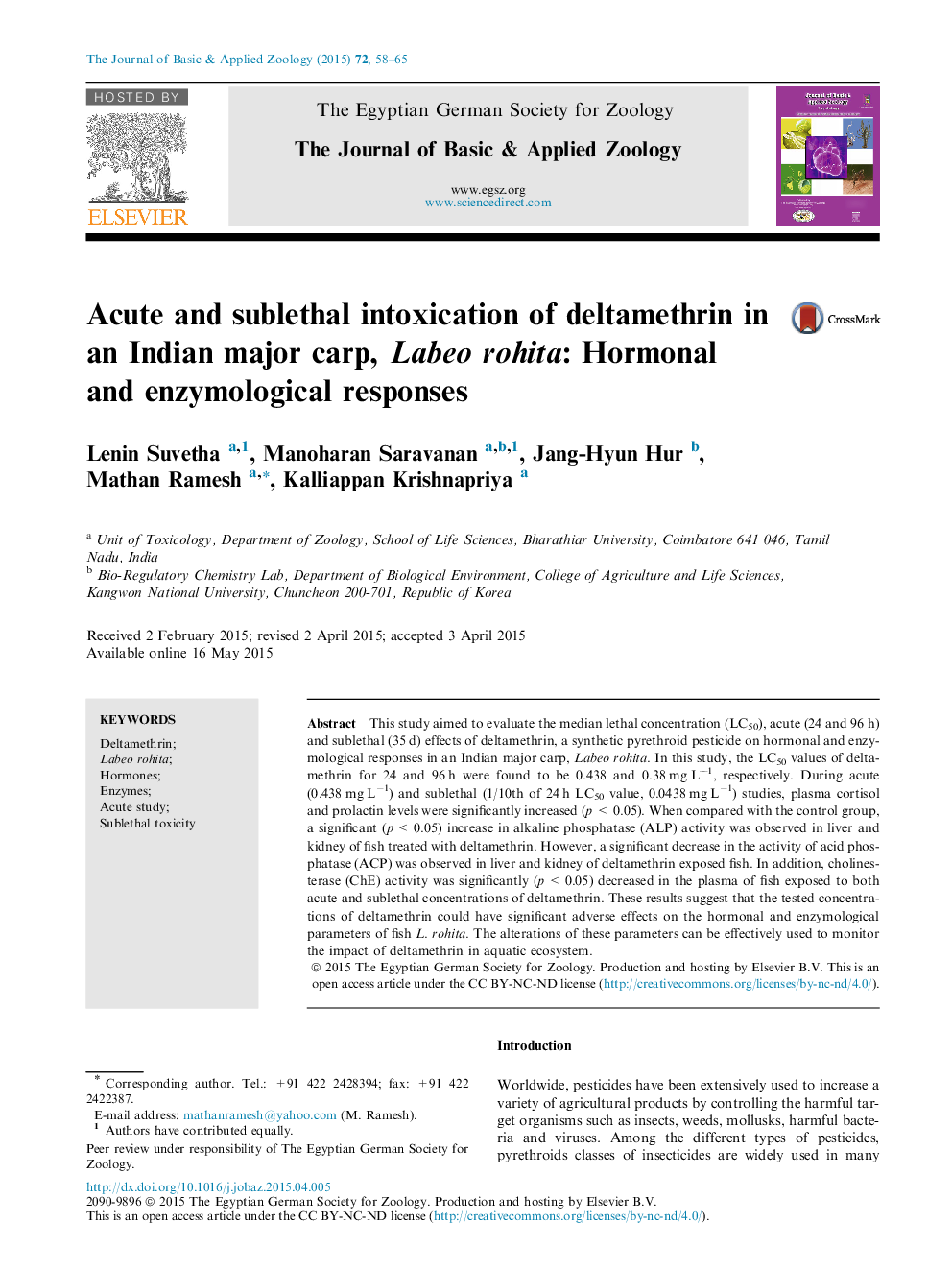 Acute and sublethal intoxication of deltamethrin in an Indian major carp, Labeo rohita: Hormonal and enzymological responses 