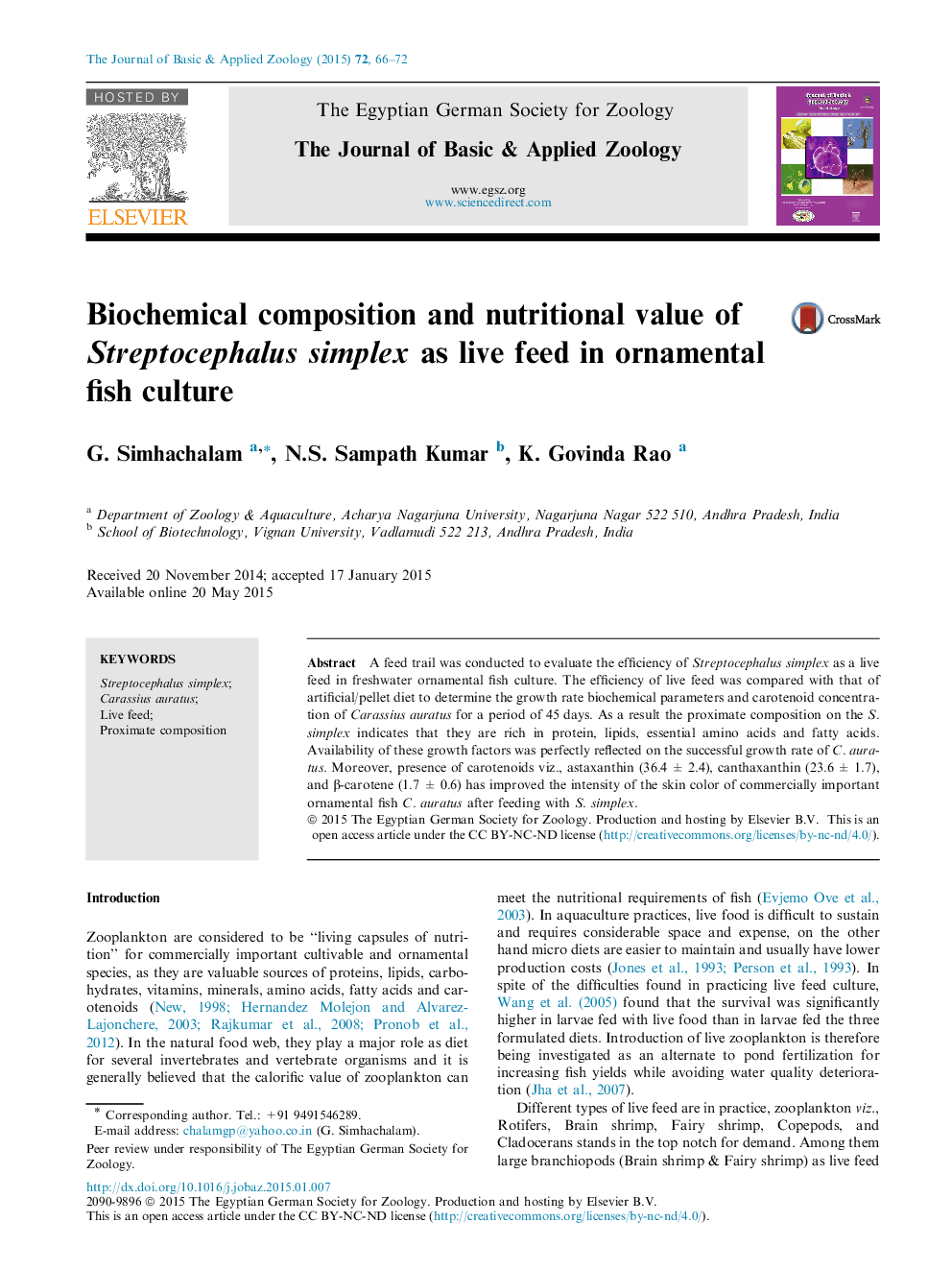 Biochemical composition and nutritional value of Streptocephalus simplex as live feed in ornamental fish culture 