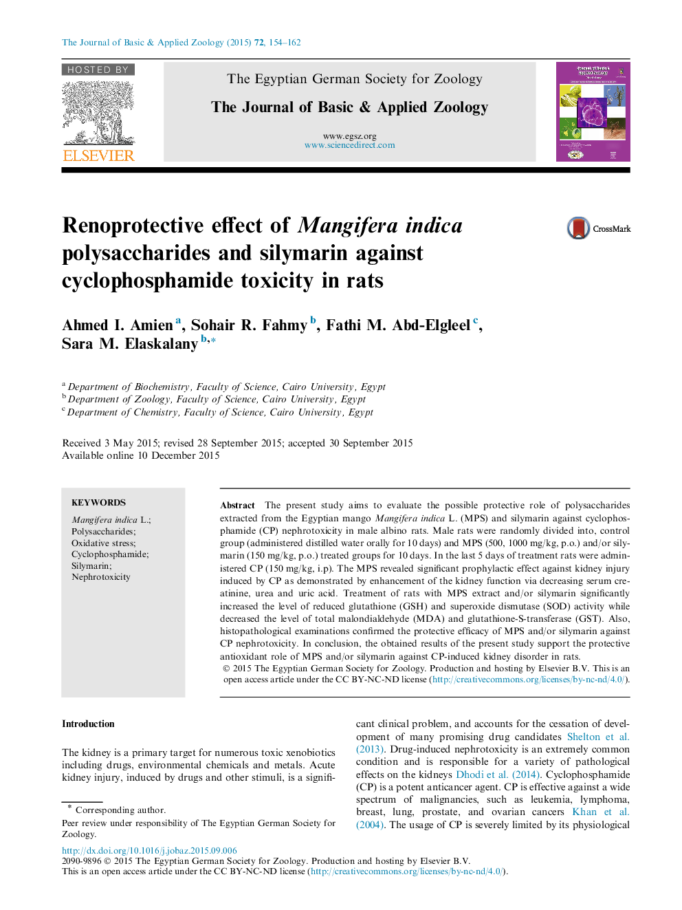 Renoprotective effect of Mangifera indica polysaccharides and silymarin against cyclophosphamide toxicity in rats 