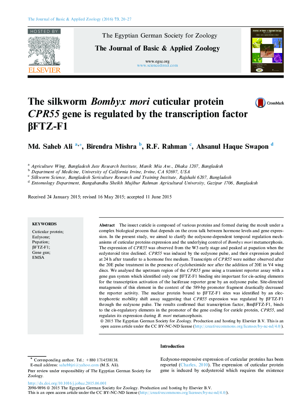 The silkworm Bombyx mori cuticular protein CPR55 gene is regulated by the transcription factor βFTZ-F1 